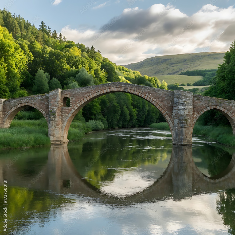 Fototapeta premium Historic medieval stone arch bridge reflecting in calm river water amidst lush greenery