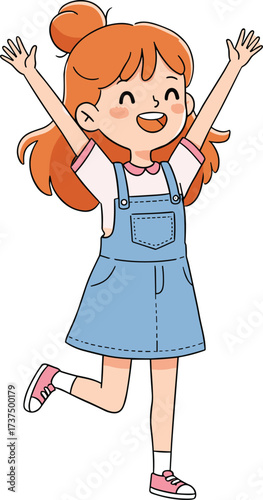 Happy cartoon girl in denim dress, cheerful child character illustration, cute smiling kid raising hands, joyful children design for education and fun