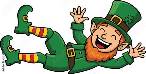 Art & IllustrationHappy cartoon leprechaun falling, Irish folklore character, St. Patrick’s Day mascot, green suit, rainbow socks, lucky charm, festive illustration