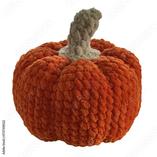 Cozy knitted decorative pumpkin in orange color, isolated on white background. Perfect for autumn design, Halloween themes, or interior decoration mockups.