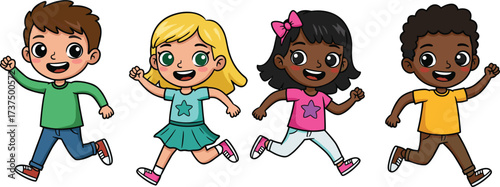 Happy children running and playing together, cartoon kids illustration, diverse group of boys and girls, fun, energetic, smiling faces