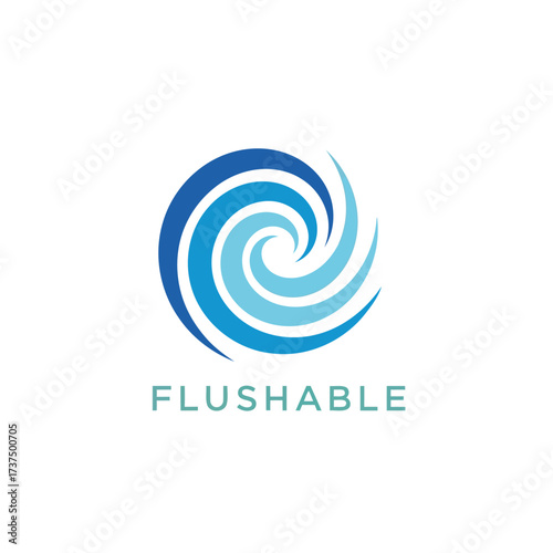 Vector art of flushable logo showcases a circular wave design in varying shades of blue, accompanied by the word flushable in a simple, sansserif font