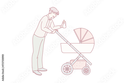 Happy fatherhood and parenthood concept. Young smiling man father walking with his baby in stroller holding milk in bottle in hands vector illustration
