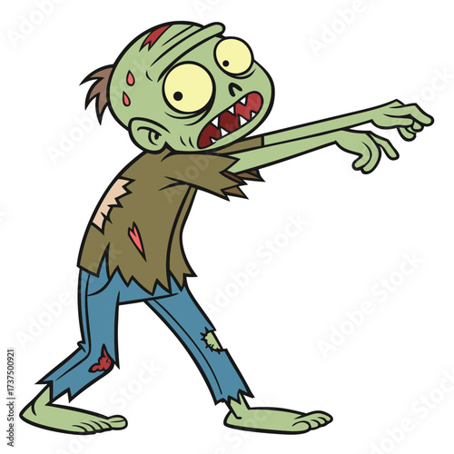 Stylized cartoon zombie with green skin, large yellow eyes, sharp red teeth, and a small patch of brown hair. Wearing a tattered brown shirt and ripped blue pants, arms stretched.