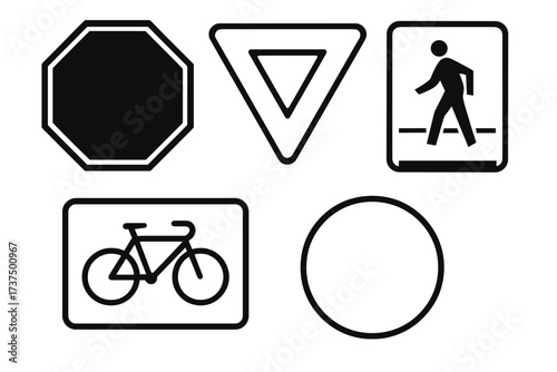 Collection of road signs including stop sign, yield sign, pedestrian sign, bicycle sign, and circular sign with simple designs