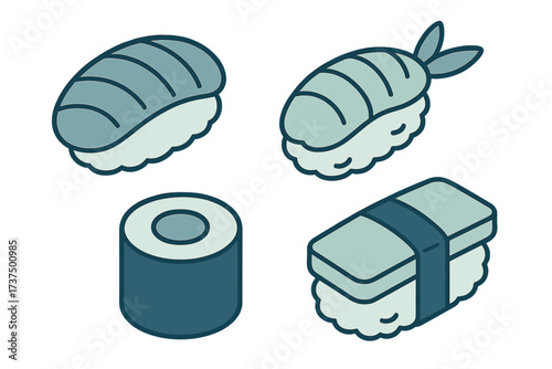 Stylized isometric set of traditional Japanese sushi and maki rolls