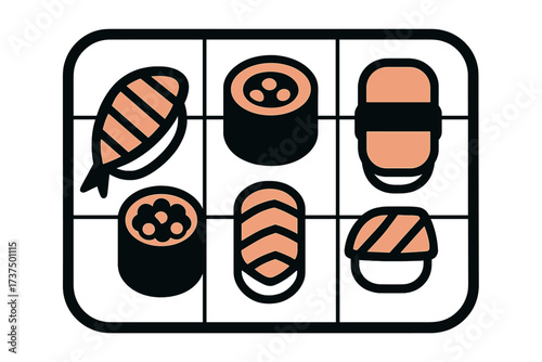 Variety of sushi rolls displayed on a traditional plate at a Japanese restaurant during dinner
