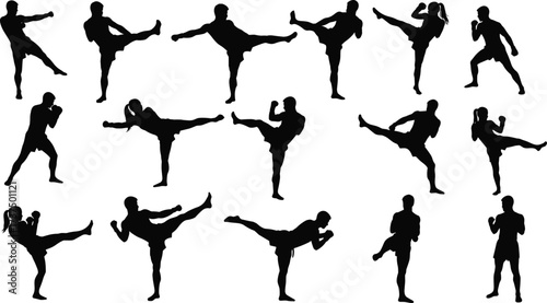 Martial arts silhouette collection, kickboxing poses, fighter training, combat sports action, karate kick, self-defense technique, mixed martial arts.