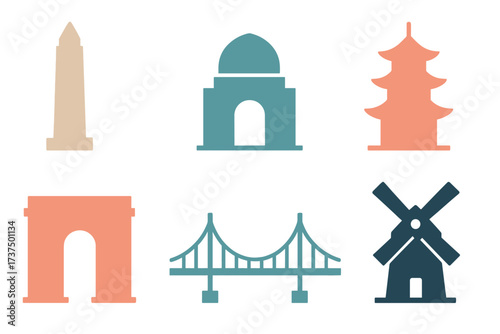 Landmarks from around the world represented in simple geometric shapes and colors