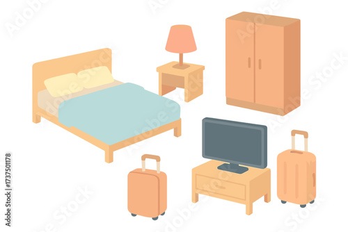 Modern isometric bedroom furniture and travel essentials for a comfortable stay