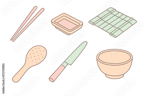 Collection of sushi making tools arranged on a white background