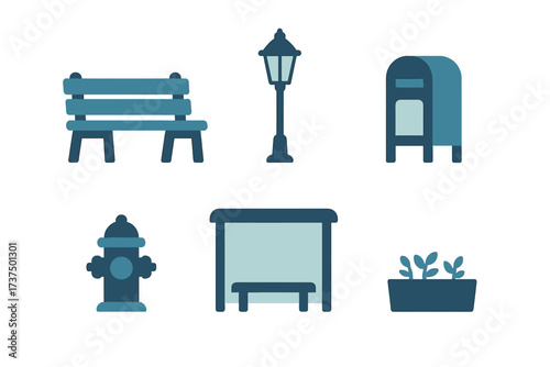Stylized collection of urban infrastructure elements and public amenities