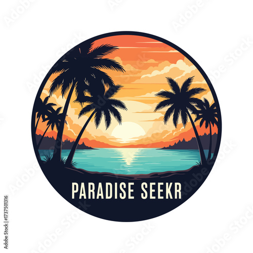 Vector art of paradise seeker logo featuring a vibrant sunset over a tropical beach with palm trees, evoking a sense of adventure and relaxation