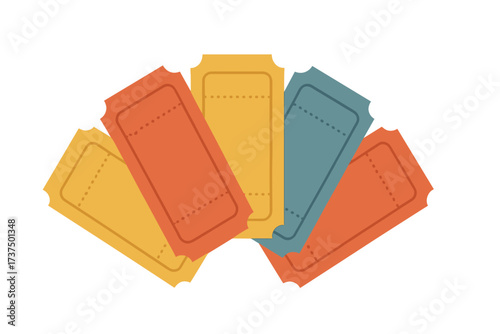 Colorful tickets arranged in a fan shape on a white background showcasing varied colors and designs