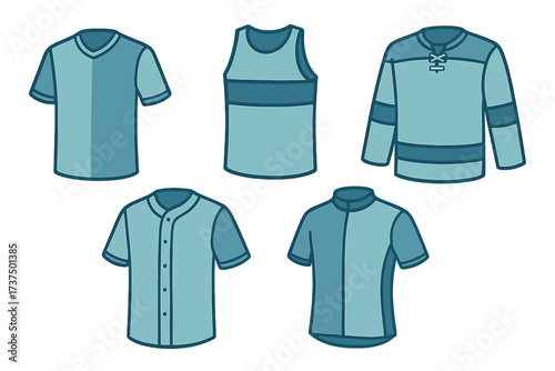 Assortment of athletic and casual apparel including t-shirt, tank top, and jerseys