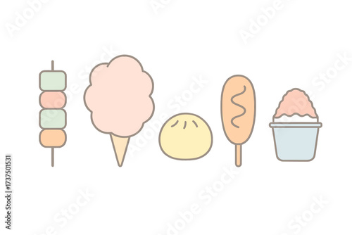 Delicious sweet and savory street food snacks including cotton candy and corn dog