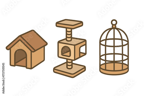 Collection of pet homes and accessories including a dog house, cat tree, and bird cage