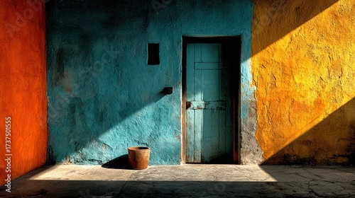 Blue and yellow textured walls with sunlight shadows
