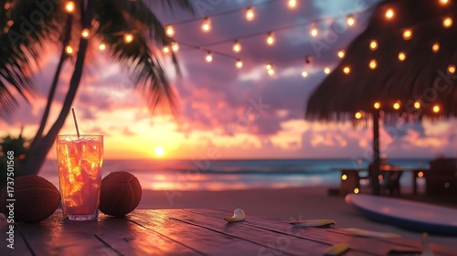 Tropical beach scene at sunset with a drink, coconuts, and string lights. Relaxing vacation vibes.