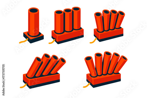 Isometric firework launchers with fuses for festive celebrations and holiday events
