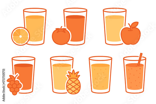 Fresh fruit and vegetable juices in glasses with whole fruits