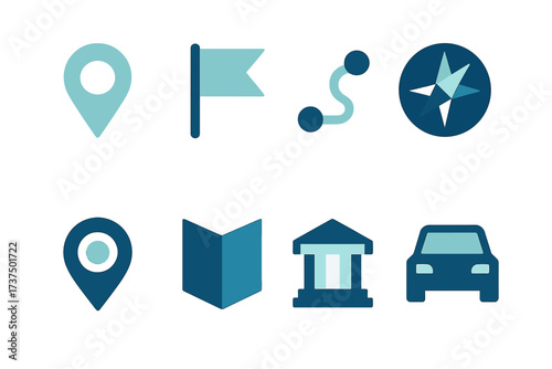 Digital icons representing navigation tools and travel concepts for guidance and exploration activities