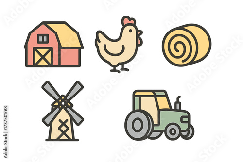 Collection of farm elements including barn, chicken, hay bale, windmill, and tractor