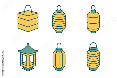 Decorative lanterns and a pagoda in a simple design featuring traditional Asian elements and vibrant colors