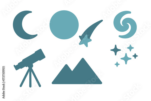 Night sky elements including moon, sun, stars, and telescope in a simple design on a white background