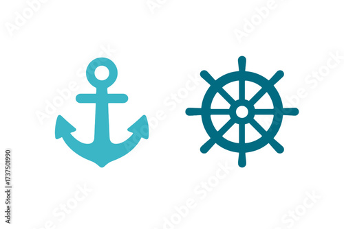 Nautical symbols featuring an anchor and a ship's wheel on a simple background
