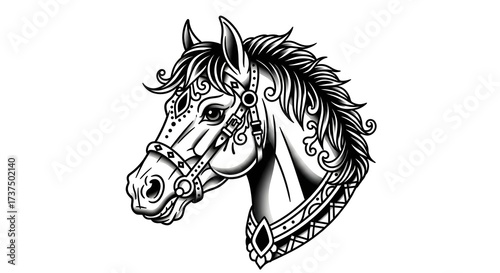Intricate black and white illustration of a horse head with ornate bridle and decorative patterns, detailed artistic drawing.