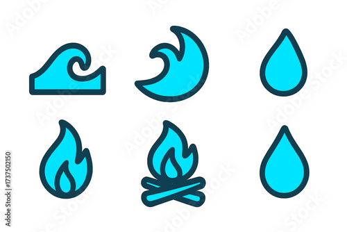 Unique icons representing water and fire elements on a clean background for design use