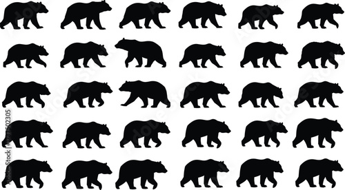 Silhouette bears walking seamless pattern, black bear illustration, wildlife animal design, forest creature background