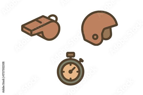 Essential sports equipment icons featuring a whistle, protective helmet, and stopwatch timer