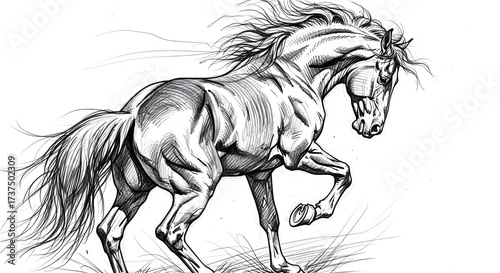 Dynamic black and white sketch of a powerful horse galloping with flowing mane and tail.