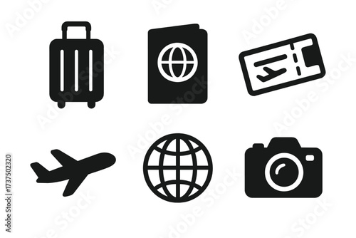 Travel essentials for planning a trip, featuring suitcase, passport, flight ticket, airplane, globe, and camera