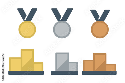 Gold silver bronze medals and winner podiums for sports competition or achievement