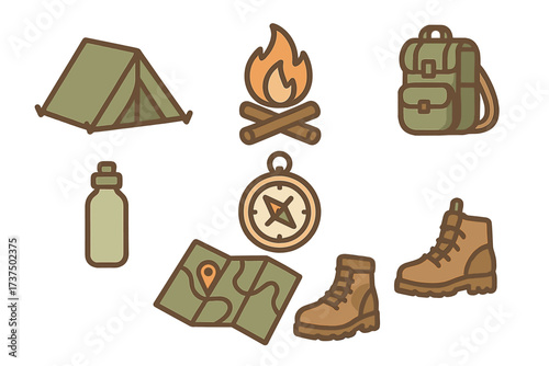 Camping gear and outdoor activities related items arranged with a backpack and campfire design