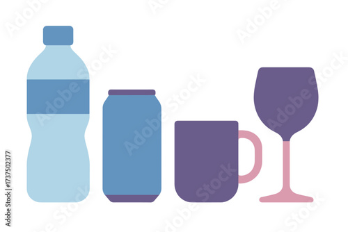 Assortment of common beverage containers including bottle, can, mug, and glass