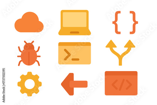 Digital technology and software development icons including cloud, laptop, bug, and code