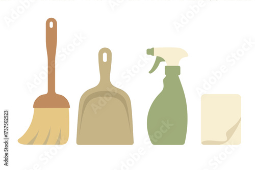 Essential household cleaning tools including a broom, dustpan, spray bottle, and cloth