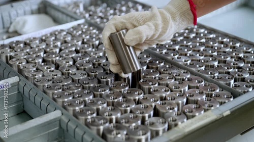 Macro close-up of a tray filled with precisely machined metal components, stacked and organized in rows for industrial manufacturing and quality control