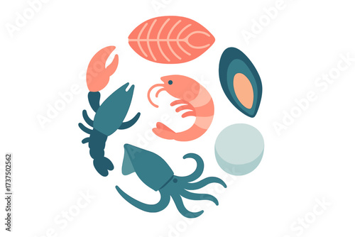 Colorful collection of seafood including shrimp, lobster, squid, and mollusks arranged in a round pattern