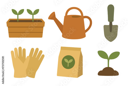 Various gardening tools and plant care items for home cultivation and growth