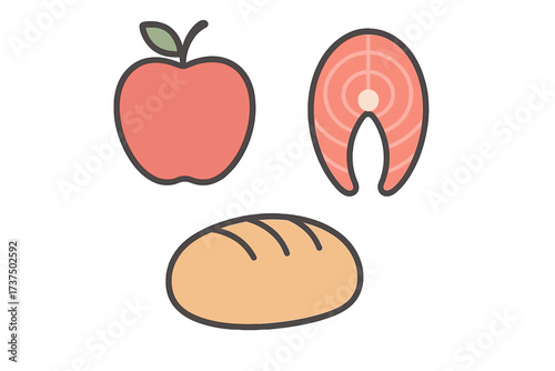 Healthy eating components: red apple, salmon steak, and a loaf of bread