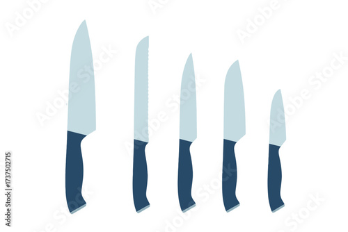 Set of professional kitchen knives with dark handles for cooking and food preparation