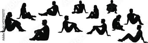 Silhouette of diverse group of people sitting on ground, various relaxed poses, social gathering, teamwork concept, isolated on white background
