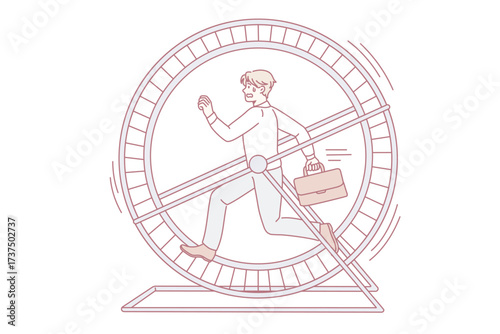 Workaholic and tiredness at work concept. Young stressed businessman cartoon character running in wheel having endless run job vector illustration