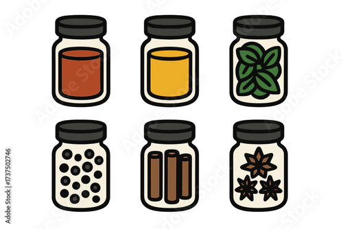 Colorful jars of spices and herbs in simple design for culinary use in home cooking