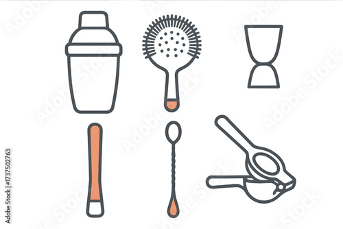 Bar tools and equipment for mixing cocktails displayed in a simple layout